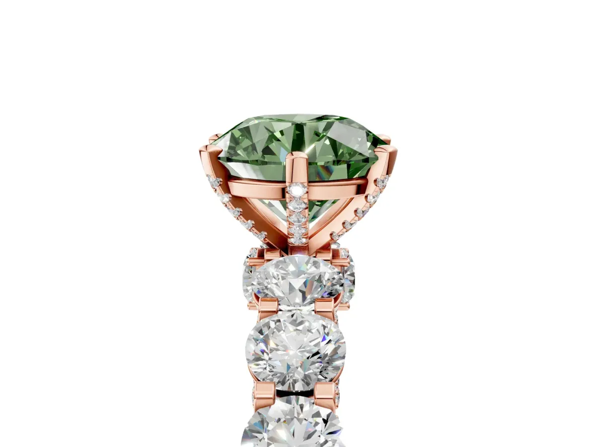Fancy Green Round Cut Diamond Side Stone Engagement Ring with Four-Prong Setting Rose gold