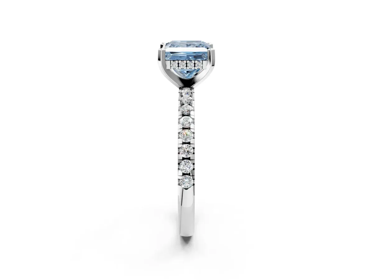 Fancy Blue Princess Cut Diamond Solitaire Ring with Round Pavé Band and Four-Prong Setting Silver