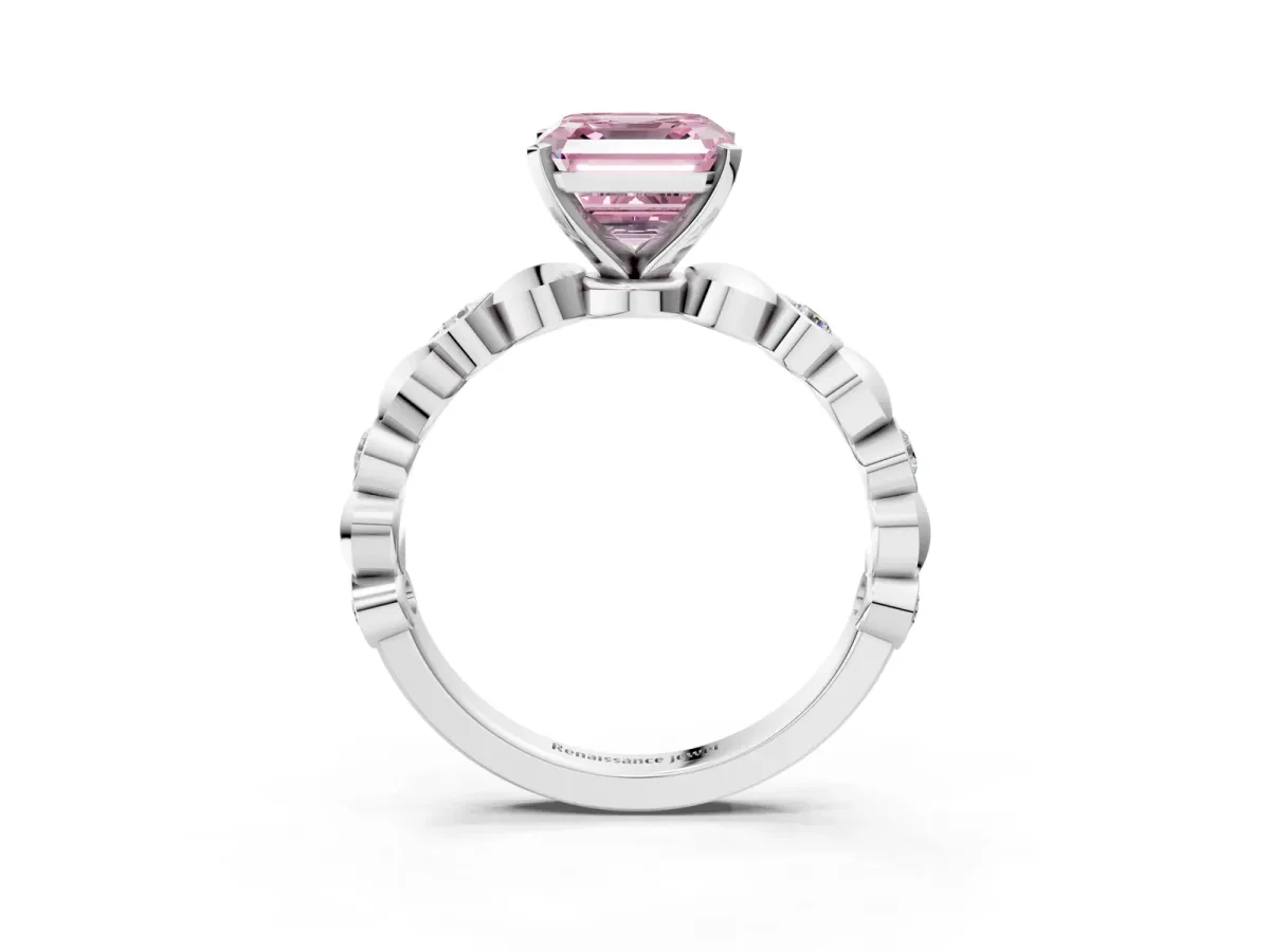 Fancy Pink Asscher Cut Solitaire Bezel-Set Diamond Ring with Beaded Band and Four-Prong Setting Platinum
