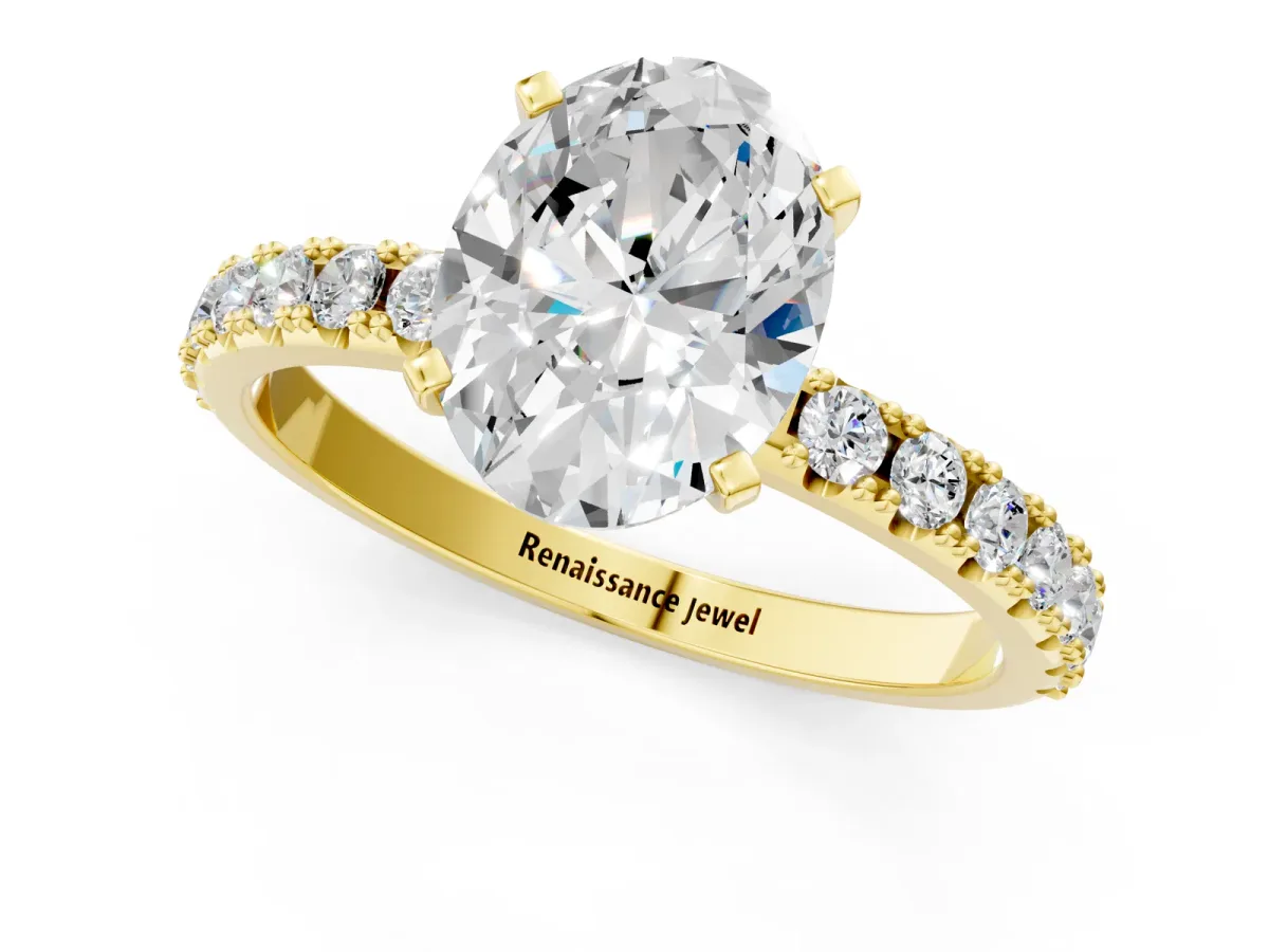 Oval Cut Diamond Solitaire Pavé Band with Four-Prong Setting Yellow gold