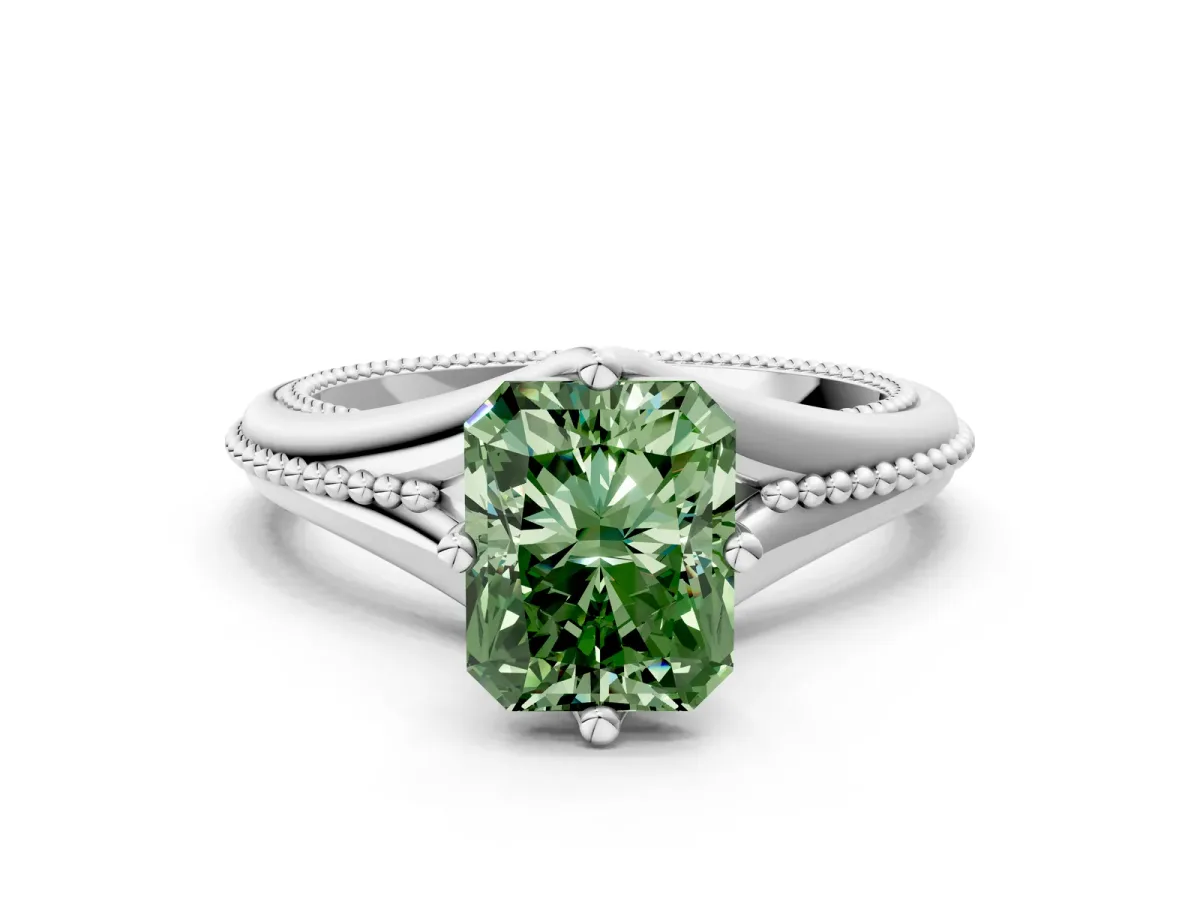 Fancy Green Radiant Cut Solitaire Beaded Band Six-Prong Setting Platinum