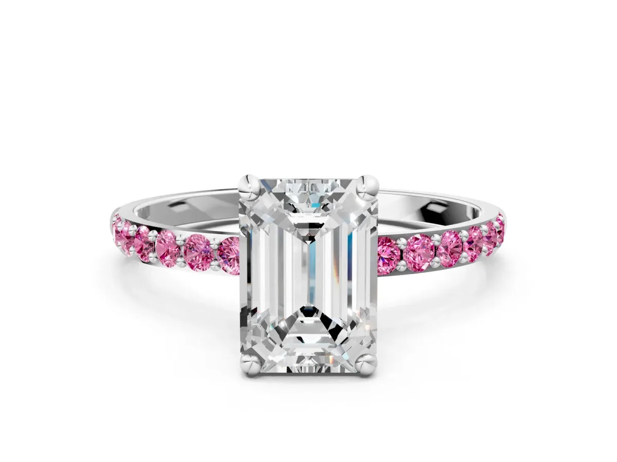 Emerald Cut Diamond Solitaire Ring with Round Pink Sapphire Pavé Band and Prong Setting Silver