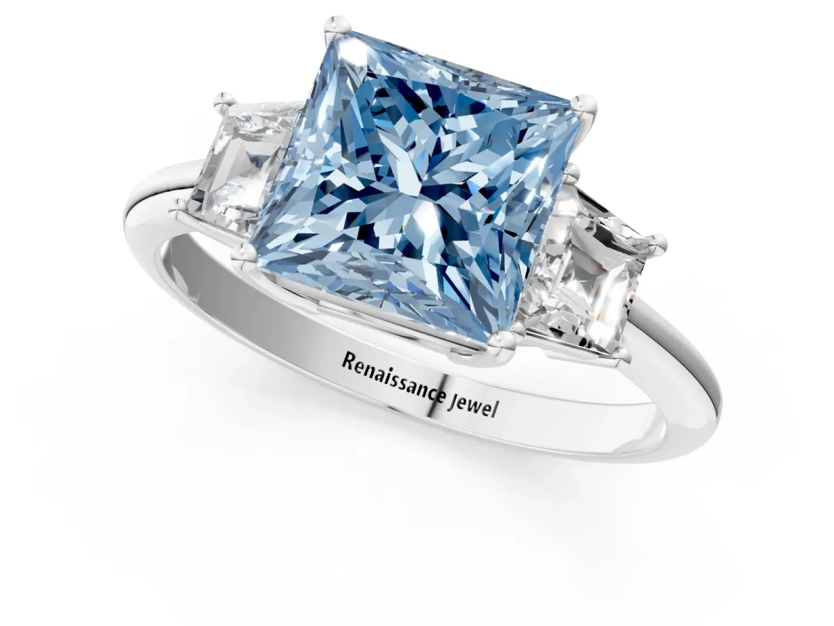 Fancy Blue Princess Cut Diamond Three-Stone Ring with Trapezoid Side Stones and Prong Setting Platinum