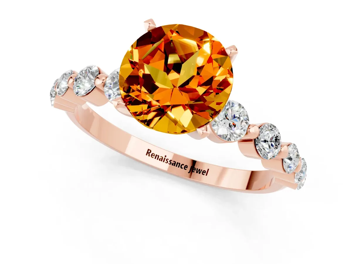 Round Cut Solitaire Citrine Ring with Pave Band and Four-Prong Setting Rose gold