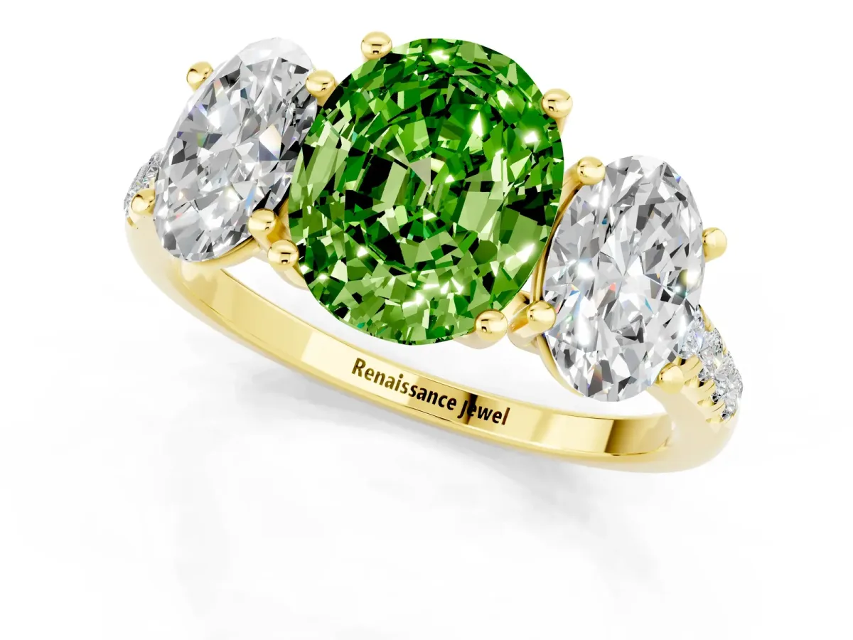 Three-Stone Oval Cut Peridot Ring with Round Pavé Band and Prong Setting Yellow gold