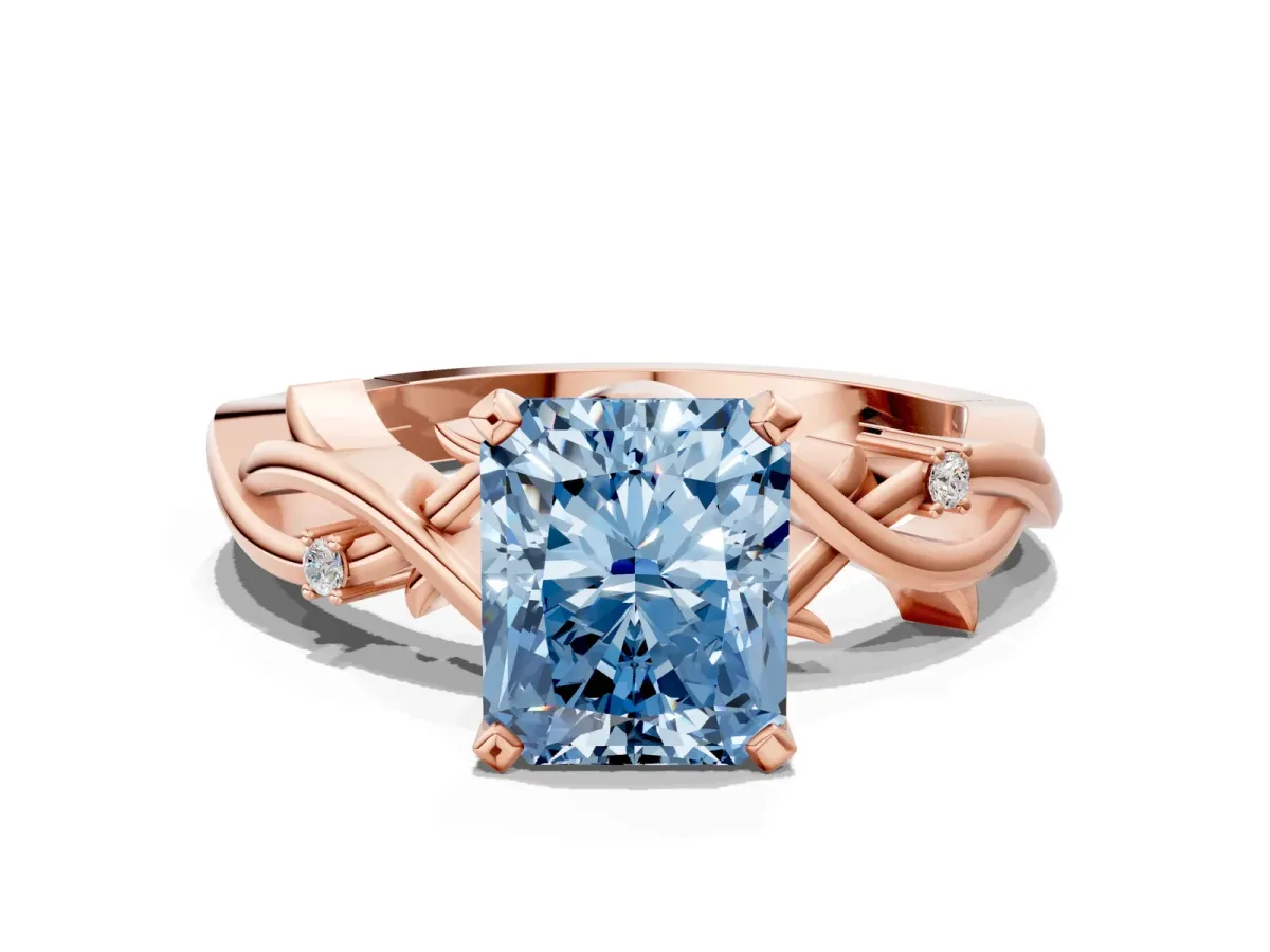 Fancy Blue Radiant Cut Diamond Solitaire Ring with Twisted Band and Prong Setting Rose gold