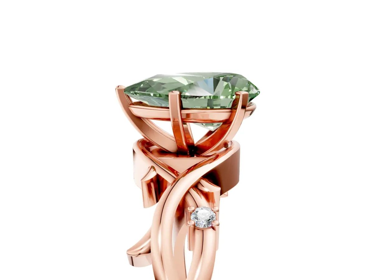 Fancy Green Pear Cut Diamond Solitaire Ring with Twisted Band and Prong Setting Rose gold