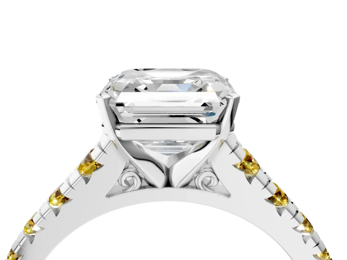 Asscher Cut Diamond Cathedral Solitaire Ring with Round Yellow Sapphire Pavé Band Silver