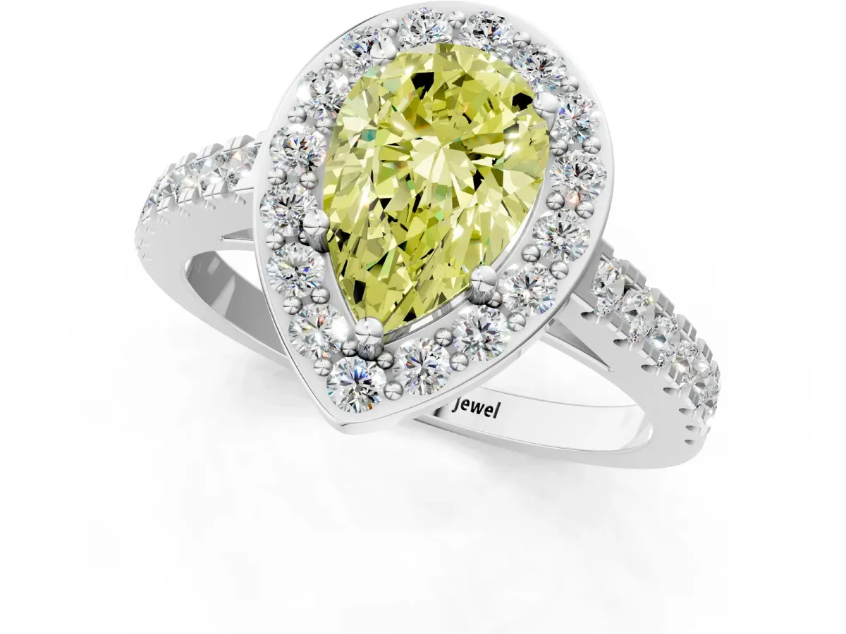 Fancy Yellow Pear Cut Diamond Halo Ring with Round Pavé Split Shank and Prong Setting Platinum