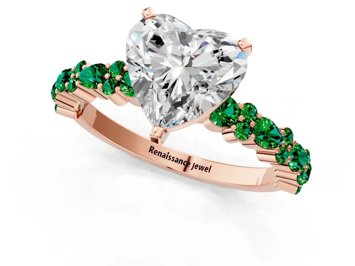 Heart Cut Diamond Side Stone Solitaire Ring with Round Emerald and Four-Prong Setting Rose gold