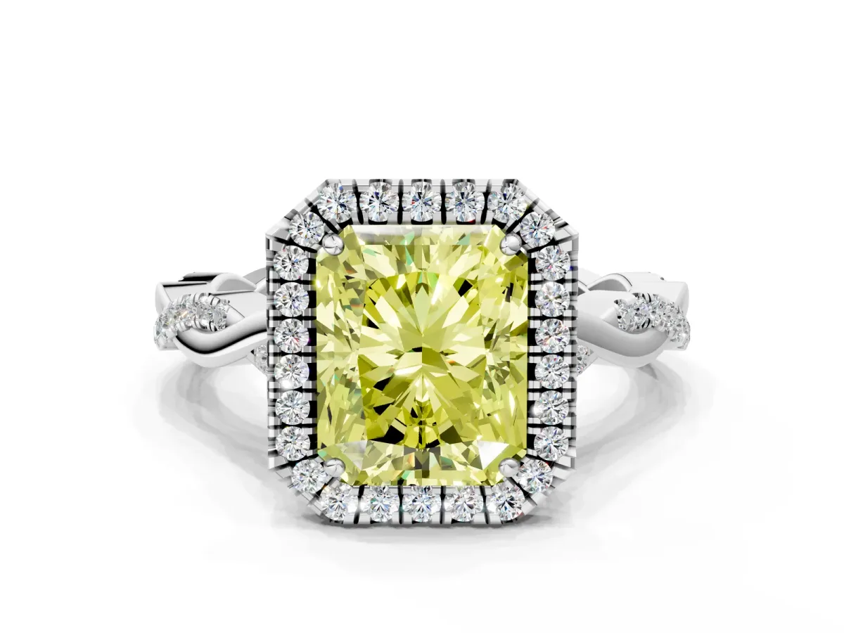 Fancy Yellow Radiant Cut Halo Twist Band Solitaire Ring Platinum