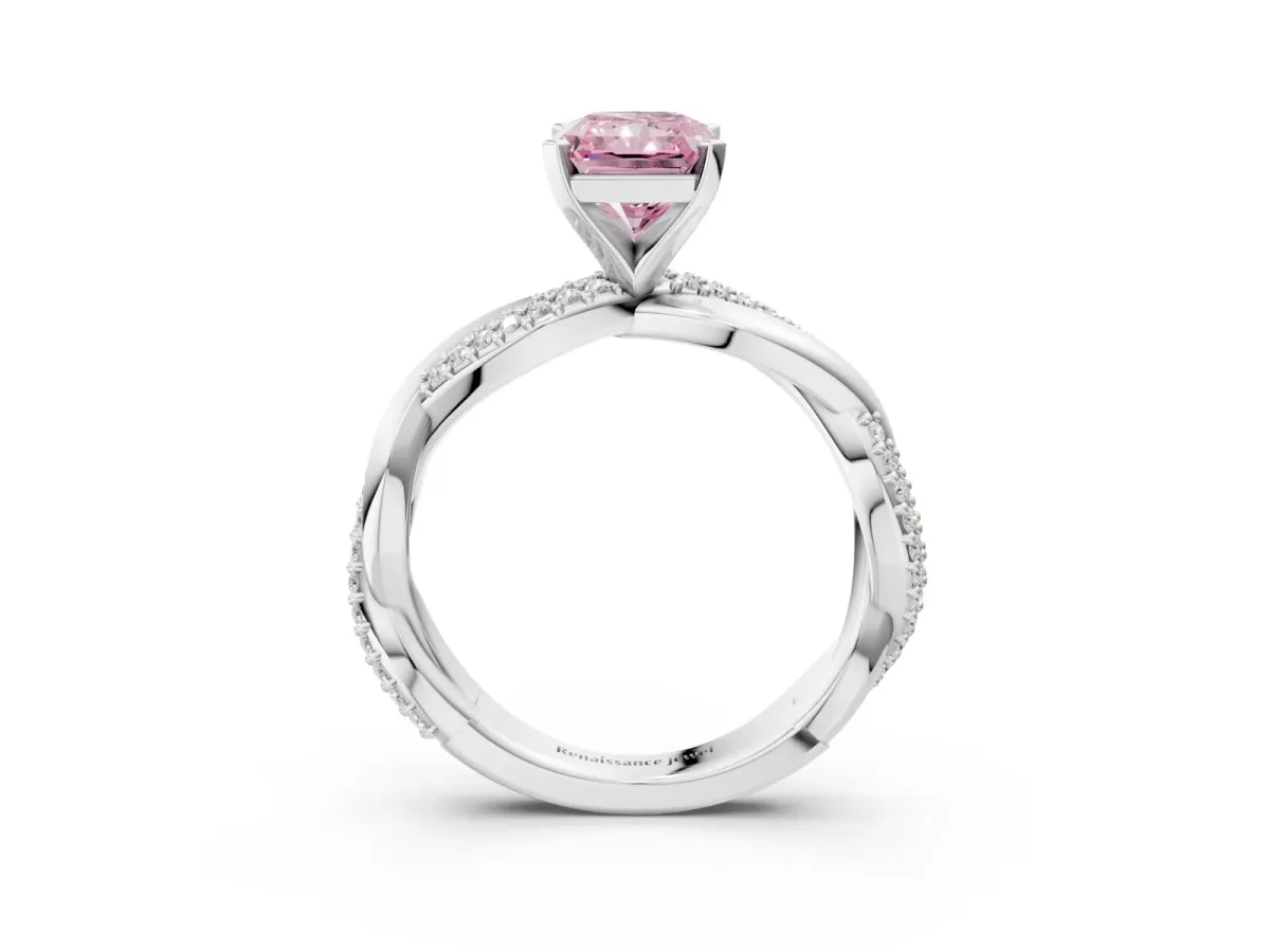 Fancy Pink Radiant Cut Solitaire Twist Band with Pave Prong Setting Platinum