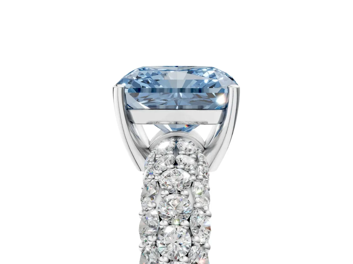 Fancy Blue Radiant Cut Diamond Pavé Band Solitaire Ring with Four-Prong Setting Platinum
