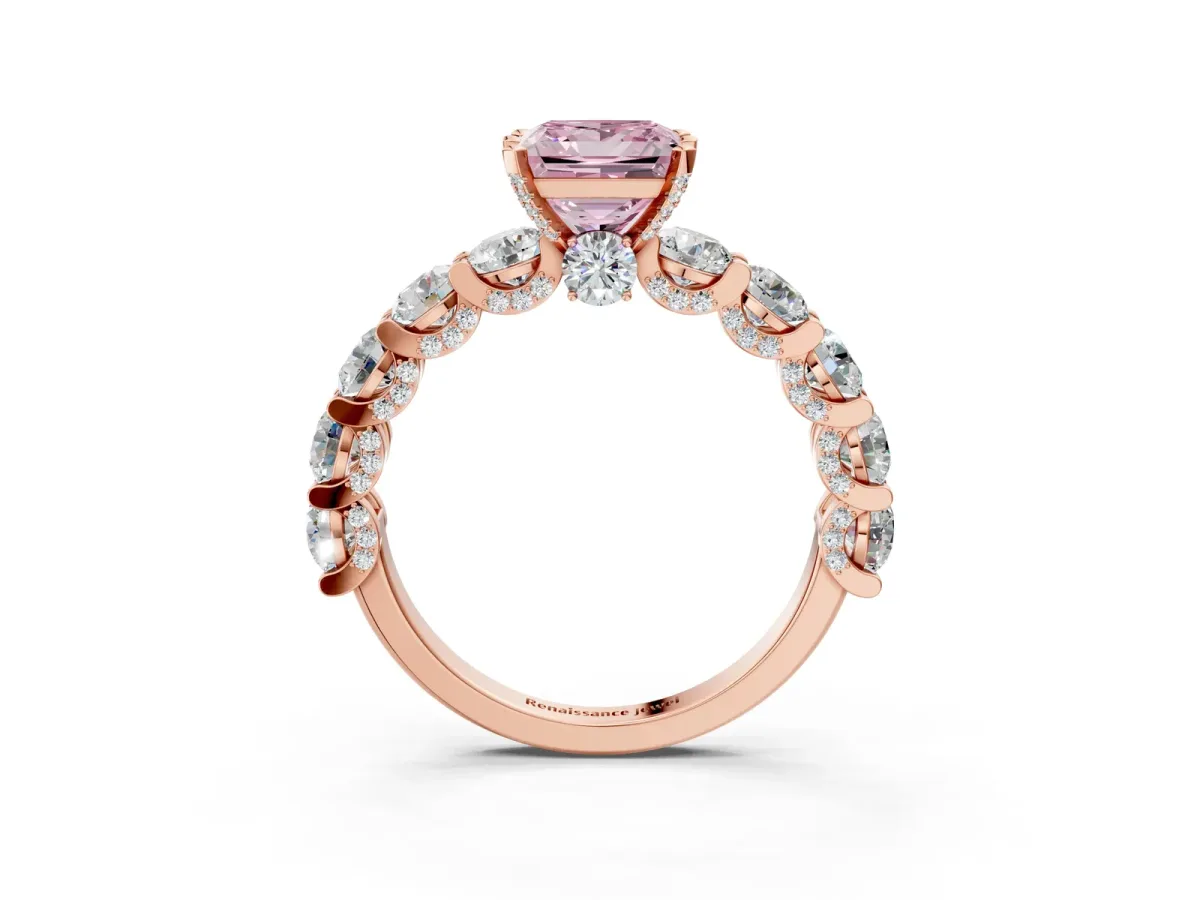 Fancy Pink Princess Cut Diamond Side Stone Engagement Ring with Four-Prong Setting Rose gold