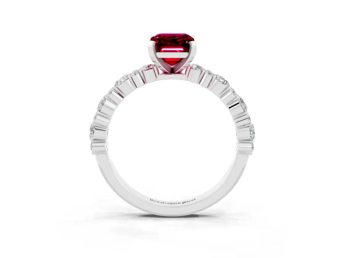 Emerald Cut Garnet Side Stone Solitaire Ring with Round and Four-Prong Setting Silver