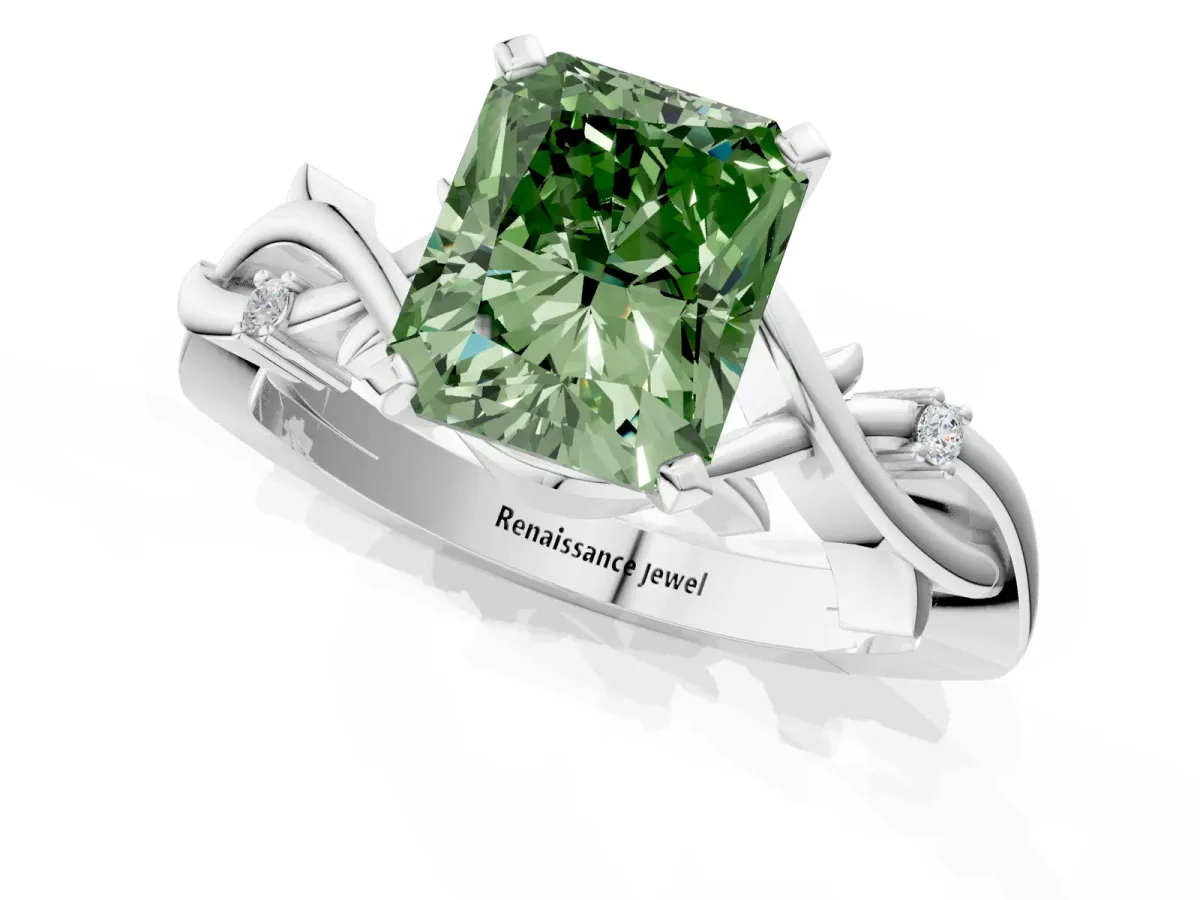 Fancy Green Radiant Cut Diamond Solitaire Ring with Twisted Band and Prong Setting Platinum
