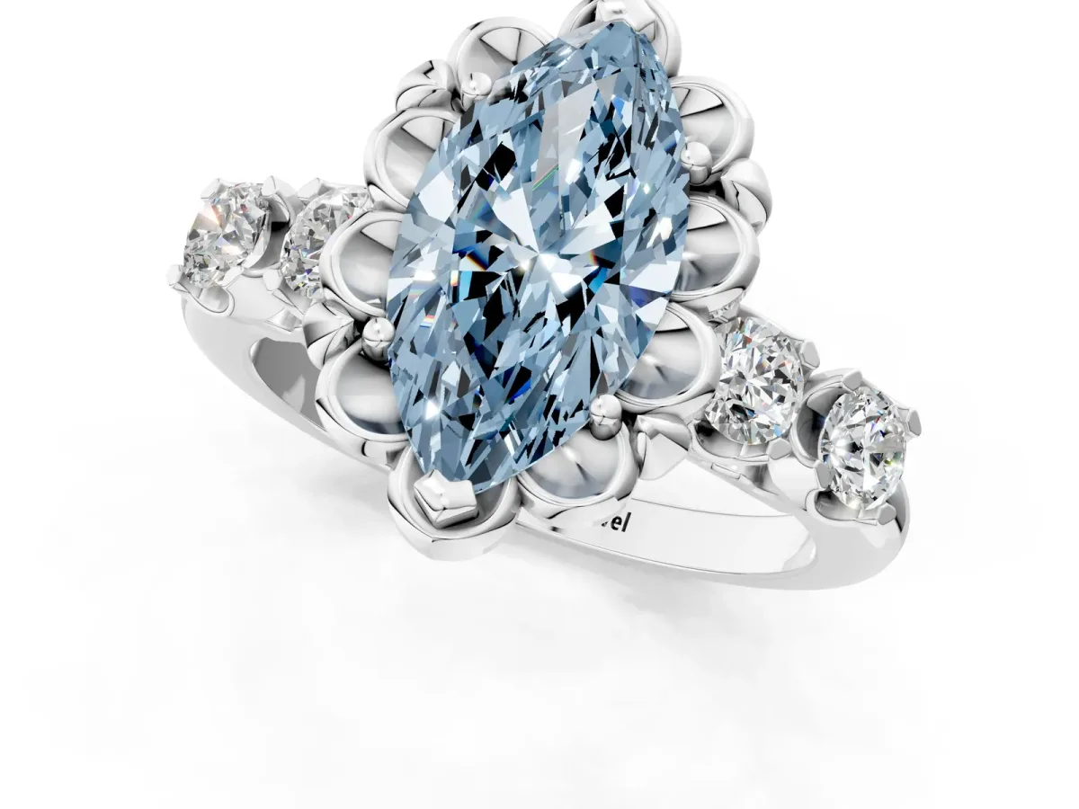 Fancy Blue Marquise Cut Cut Diamond Floral Halo Engagement Ring with Shared Prong Setting Silver