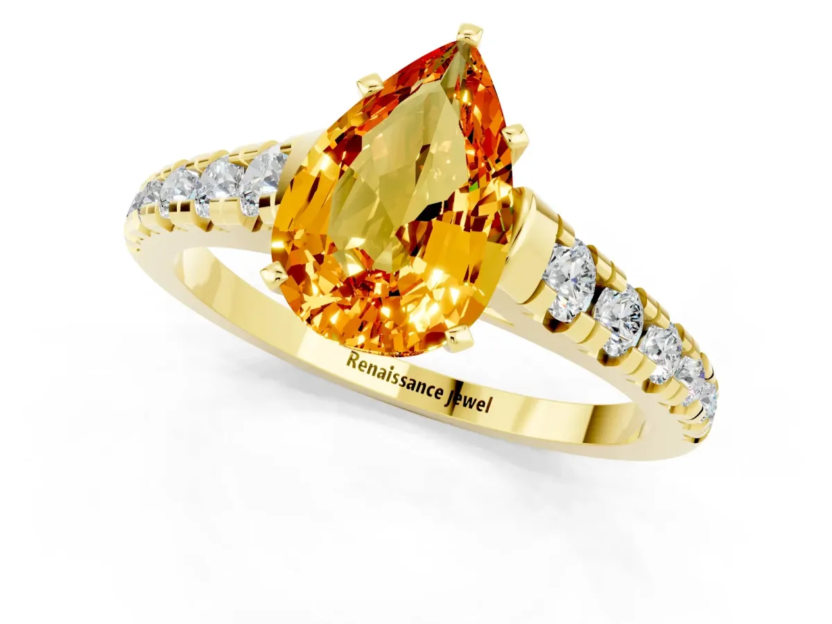 Pear Cut Citrine Cathedral Solitaire Ring with Round Pavé Band Yellow gold