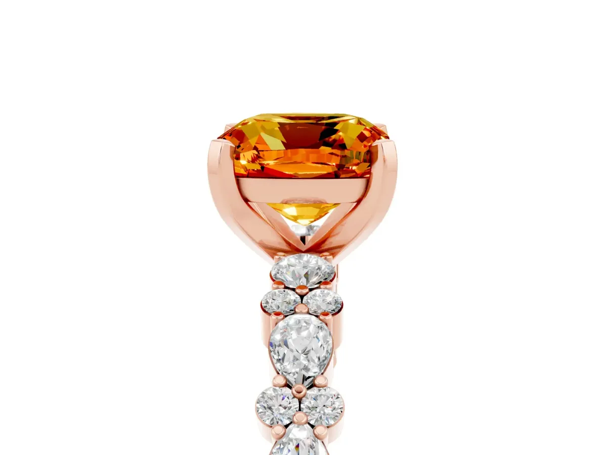 Cushion Cut Citrine Side Stone Solitaire Ring with Round and Four-Prong Setting Rose gold