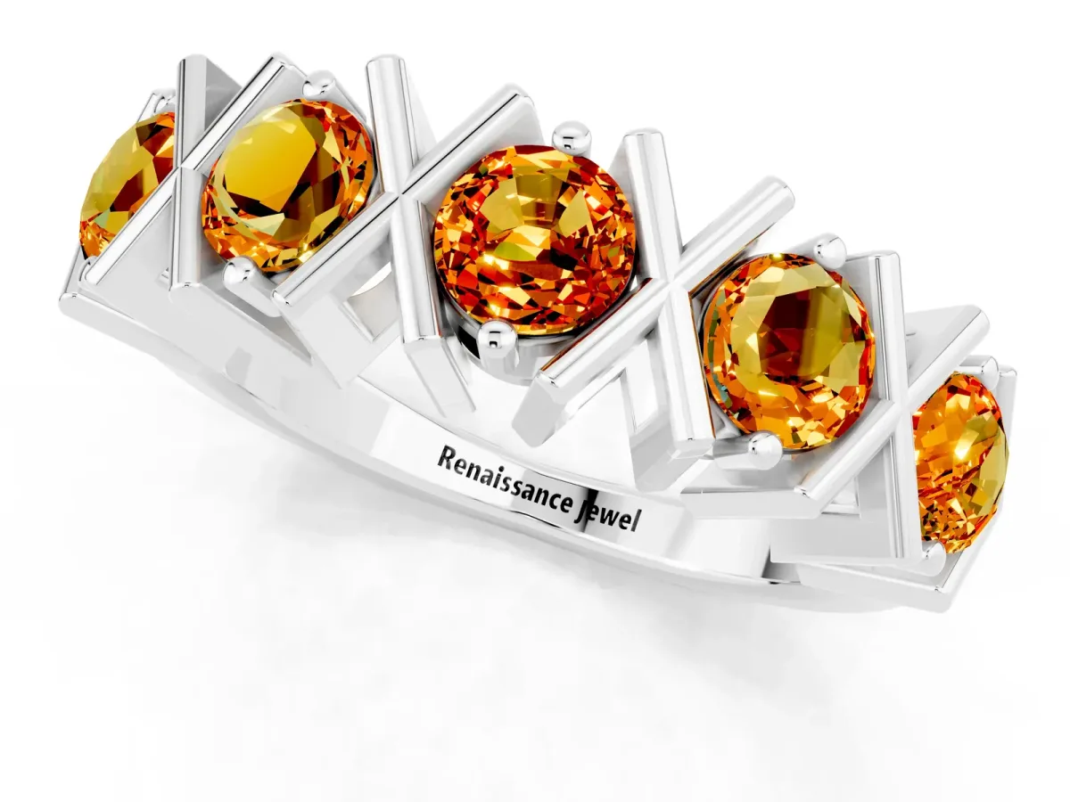 Round Citrine Channel Set Band with X-Prong Detail Silver
