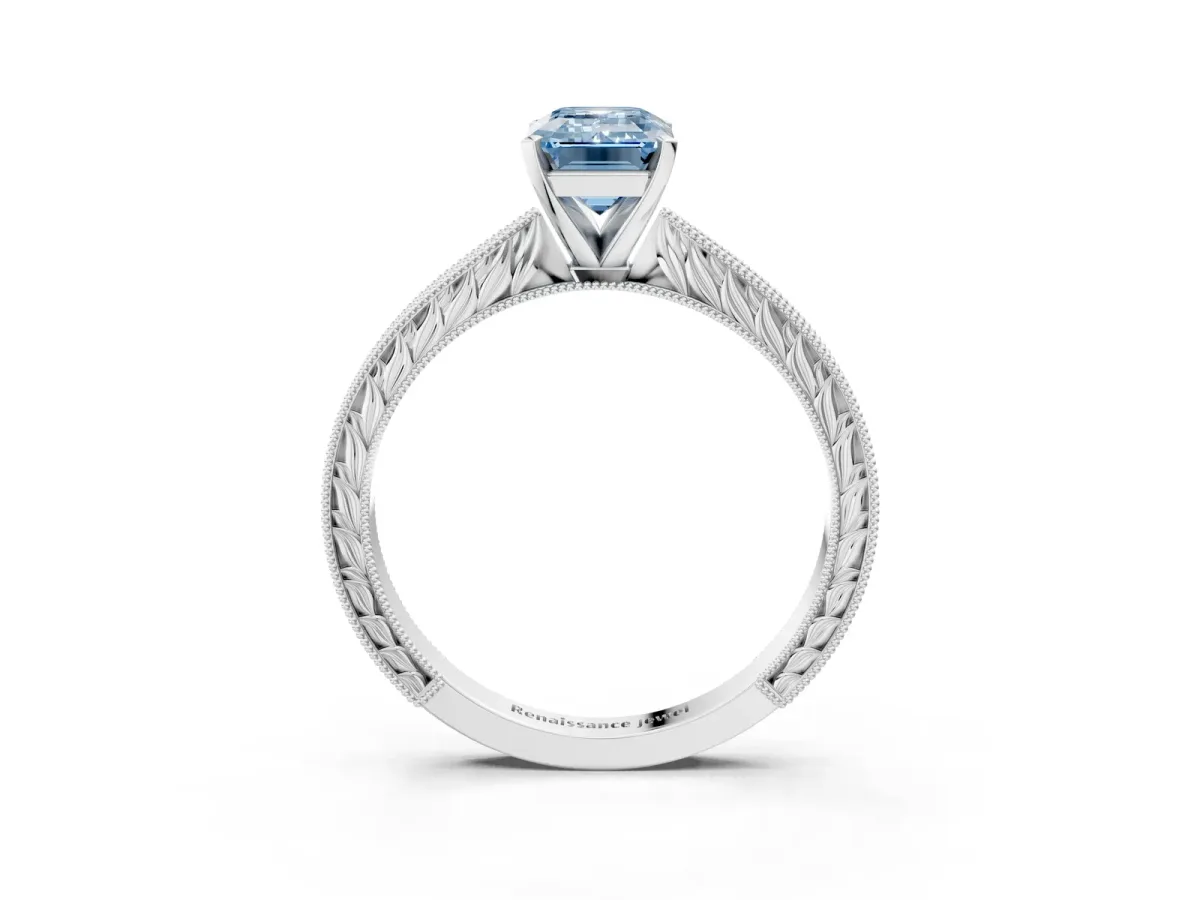 Fancy Blue Emerald Cut Solitaire Milgrain Engraved Band with Four-Prong Setting White gold