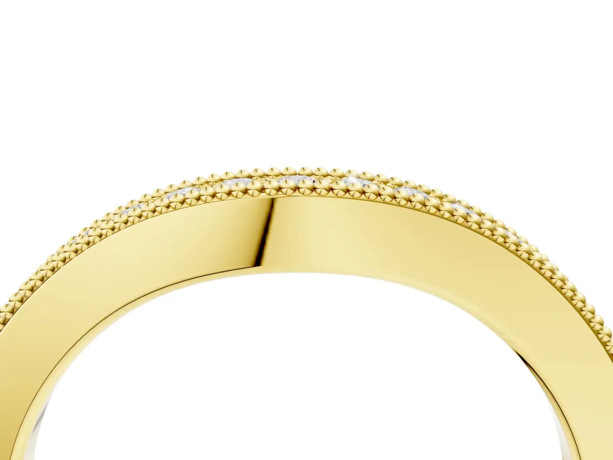 Round Brilliant Milgrain Bezel Set Diamond Wave Band Yellow gold