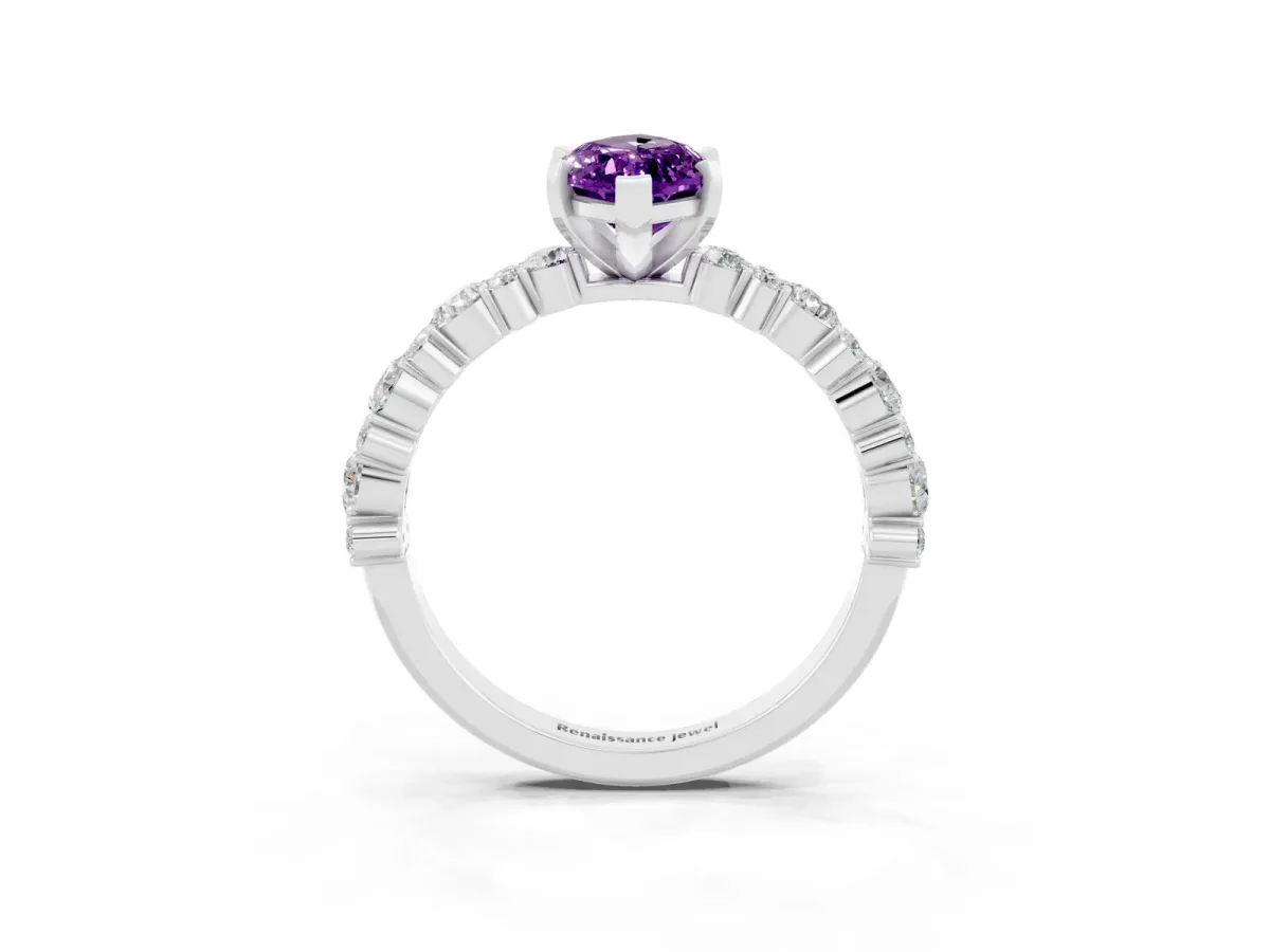 Marquise Cut Amethyst Side Stone Solitaire Ring with Round and Four-Prong Setting White gold