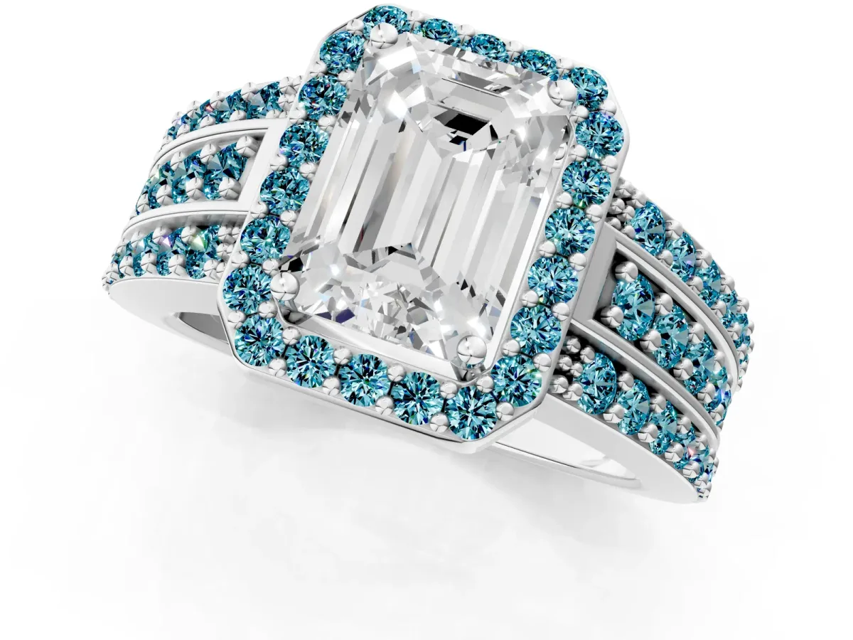 Emerald Cut Halo Diamond Ring with Round Blue Topaz Split Shank and Prong Setting Silver