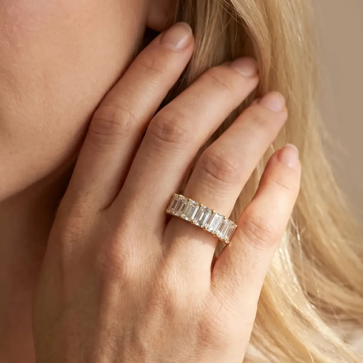 Emerald Cut Diamond Prong-Set Half Eternity Band Yellow gold