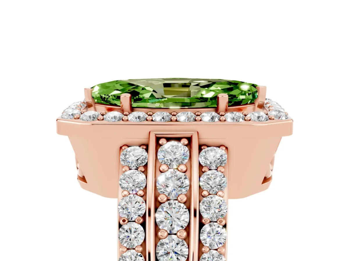 Marquise Cut Halo Peridot Ring with Round Split Shank and Prong Setting Rose gold