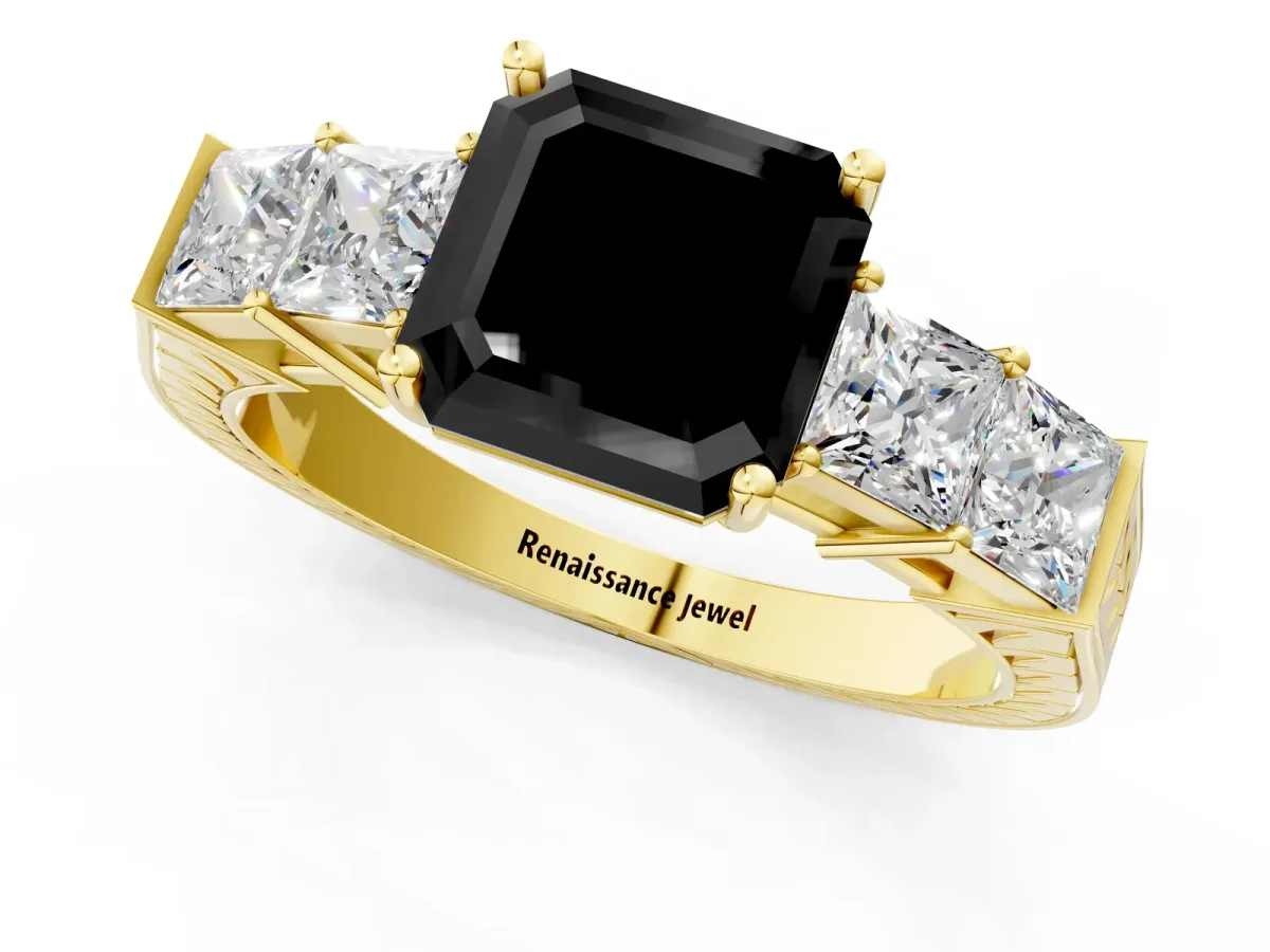 Fancy Black Asscher Cut Solitaire Princess Side Stone Engraved Band Prong Setting Ring Yellow gold