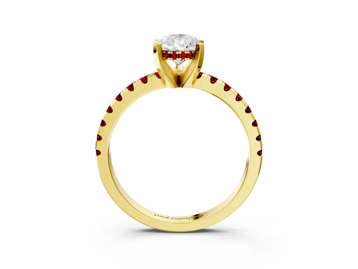Pear Cut Diamond Solitaire Ring with Round Ruby Pavé Band and Four-Prong Setting Yellow gold