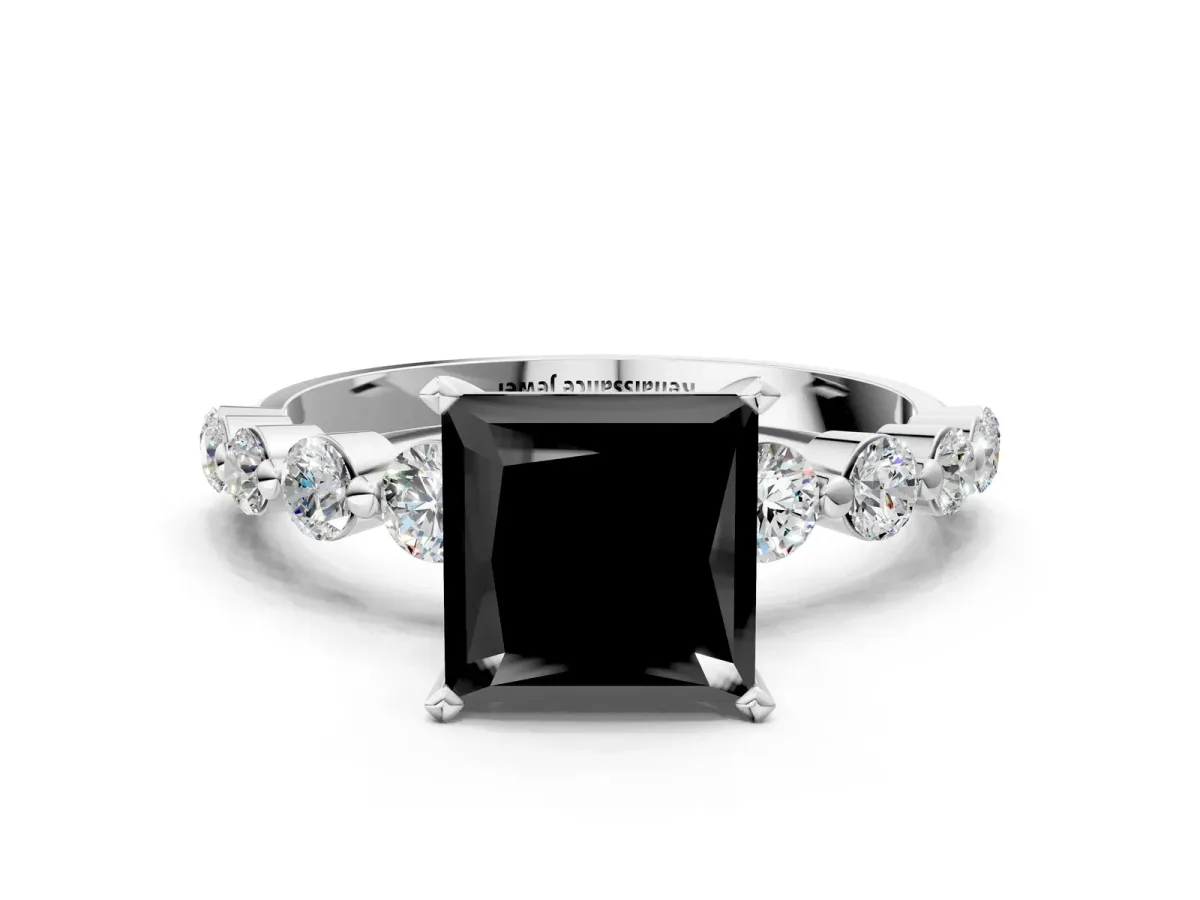 Fancy Black Princess Cut Solitaire Diamond Ring with Pave Band and Four-Prong Setting Silver