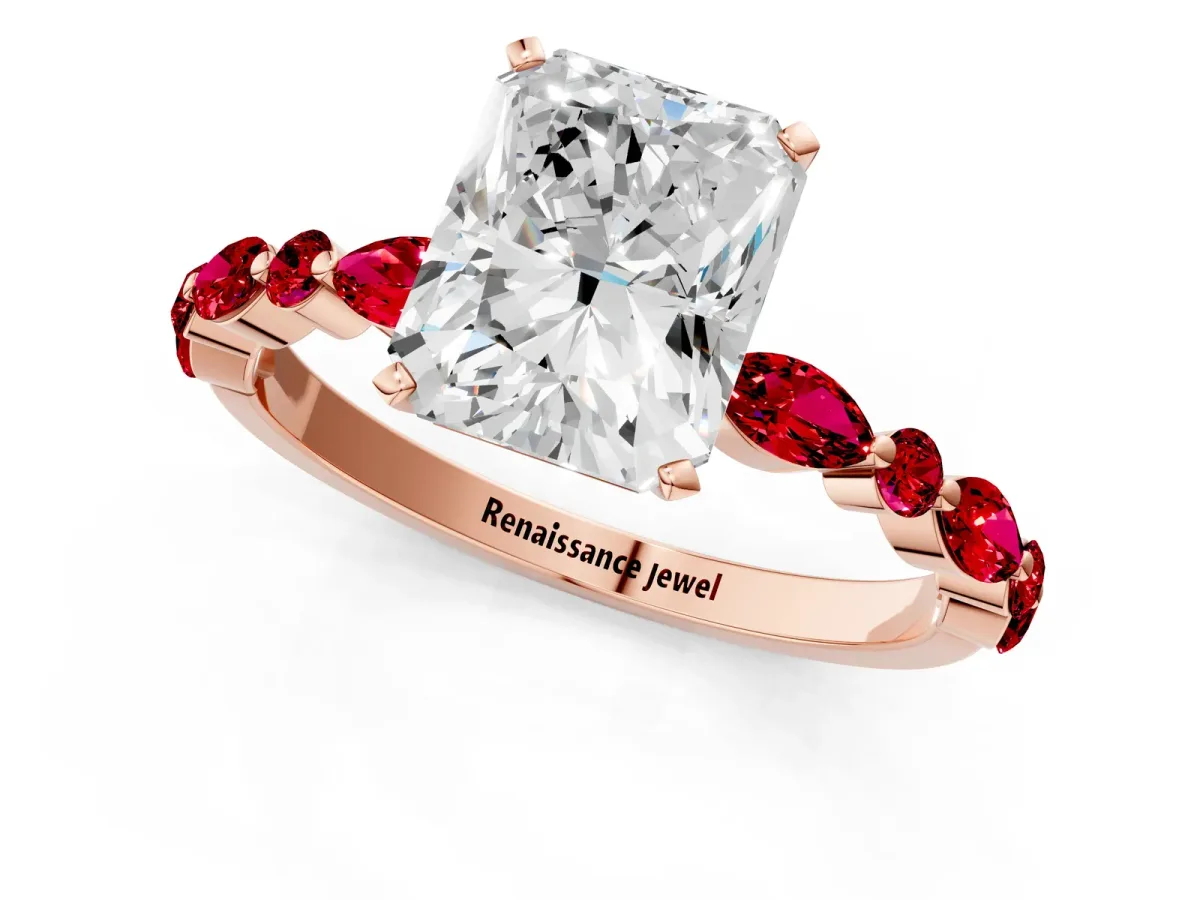 Radiant Cut Diamond Ring with Marquise and Round Ruby Side Stones and Four-Prong Setting Rose gold