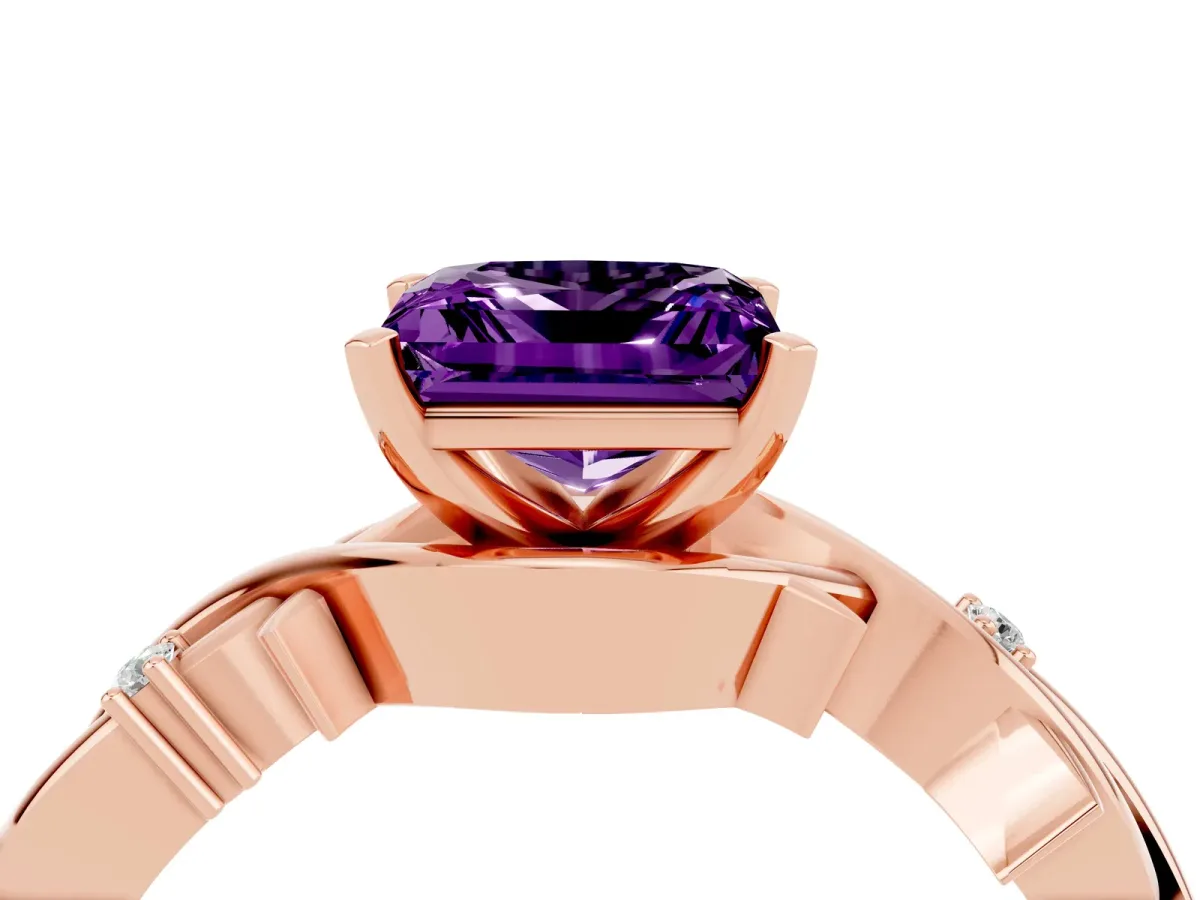 Princess Cut Amethyst Solitaire Ring with Twisted Band and Prong Setting Rose gold