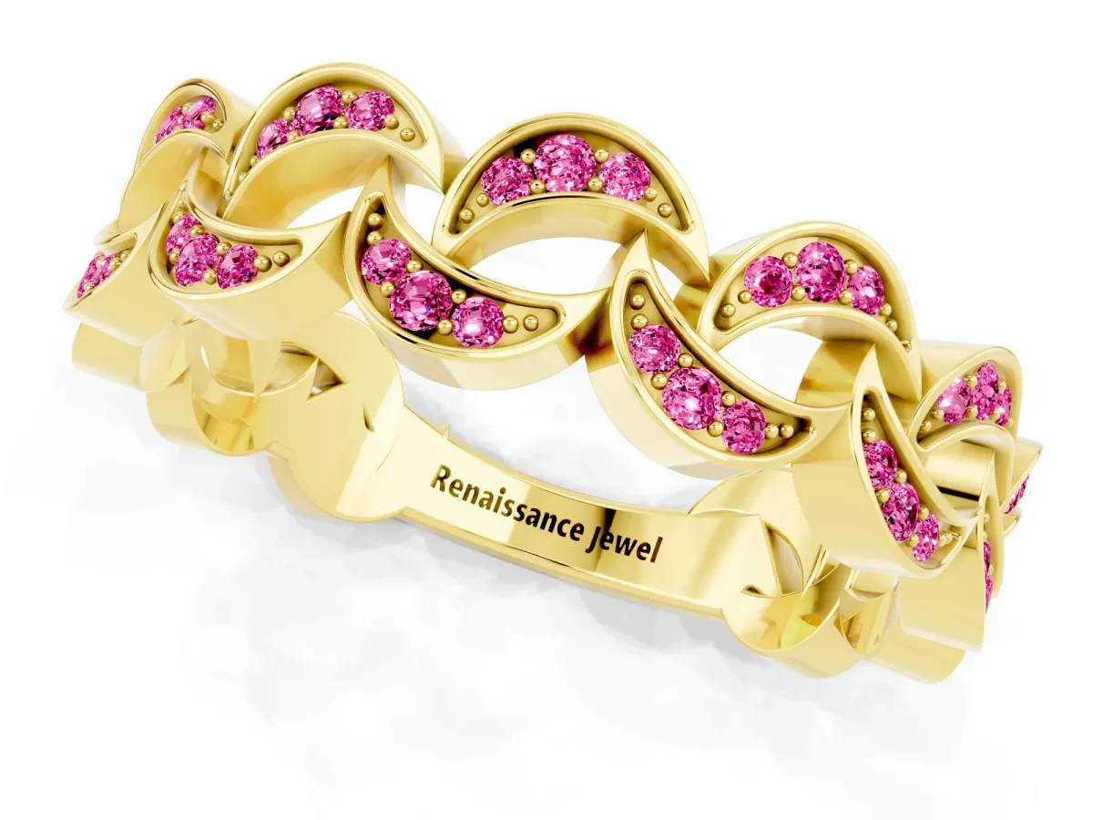 Pavé Round Pink Sapphire Interlocking Eternity Band with Bezel Prong Setting Yellow gold