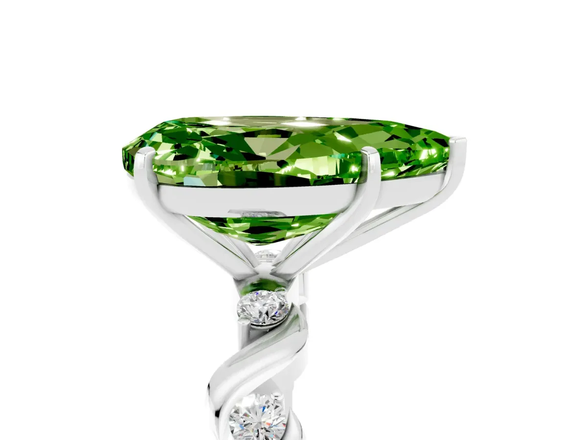 Pear Cut Peridot Solitaire Twisted Band with Round Accents and Prong Setting Silver