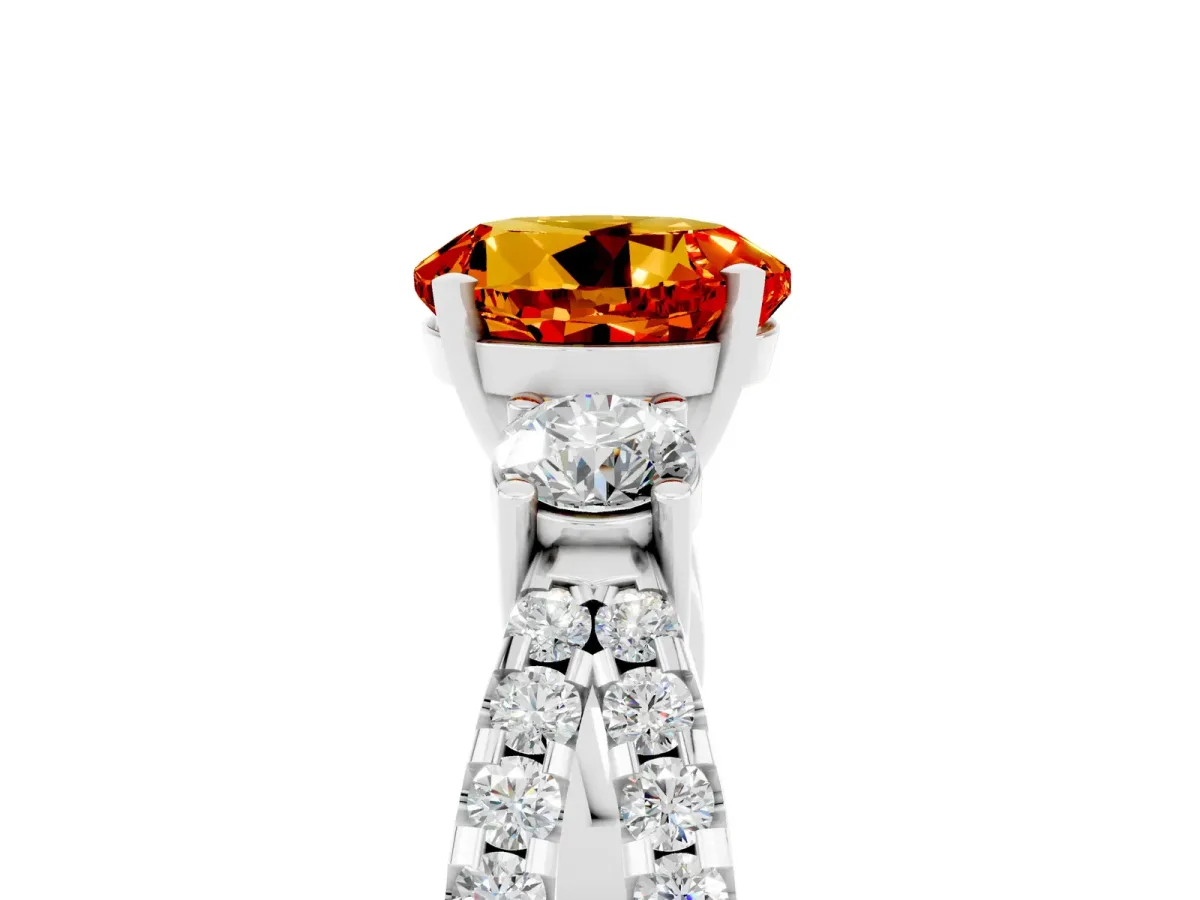 Round Cut Citrine Three-Stone Ring with Pavé Split Shank and Four-Prong Setting Silver