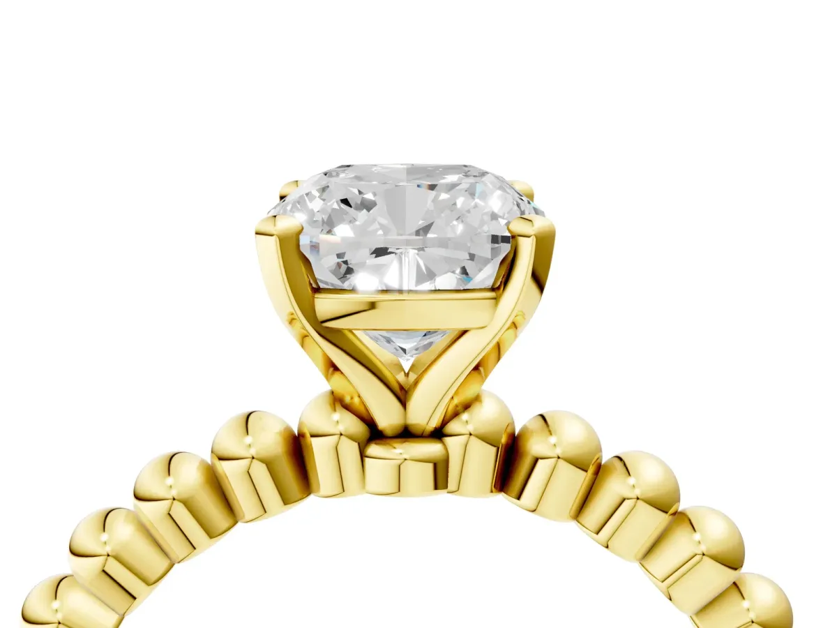 Cushion Cut Diamond Solitaire Ring with Beaded Band and Prong Setting Yellow gold