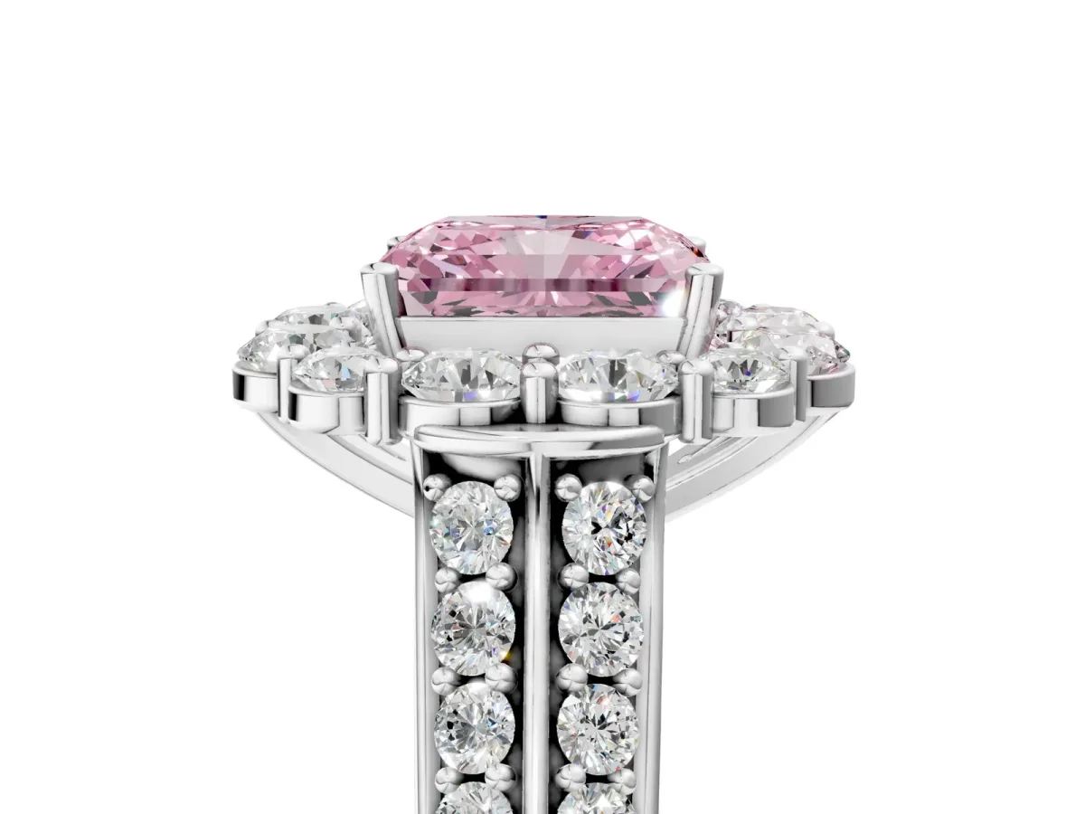 Fancy Pink Radiant Cut Halo Diamond Engagement Ring with Split Shank and Prong Setting Platinum