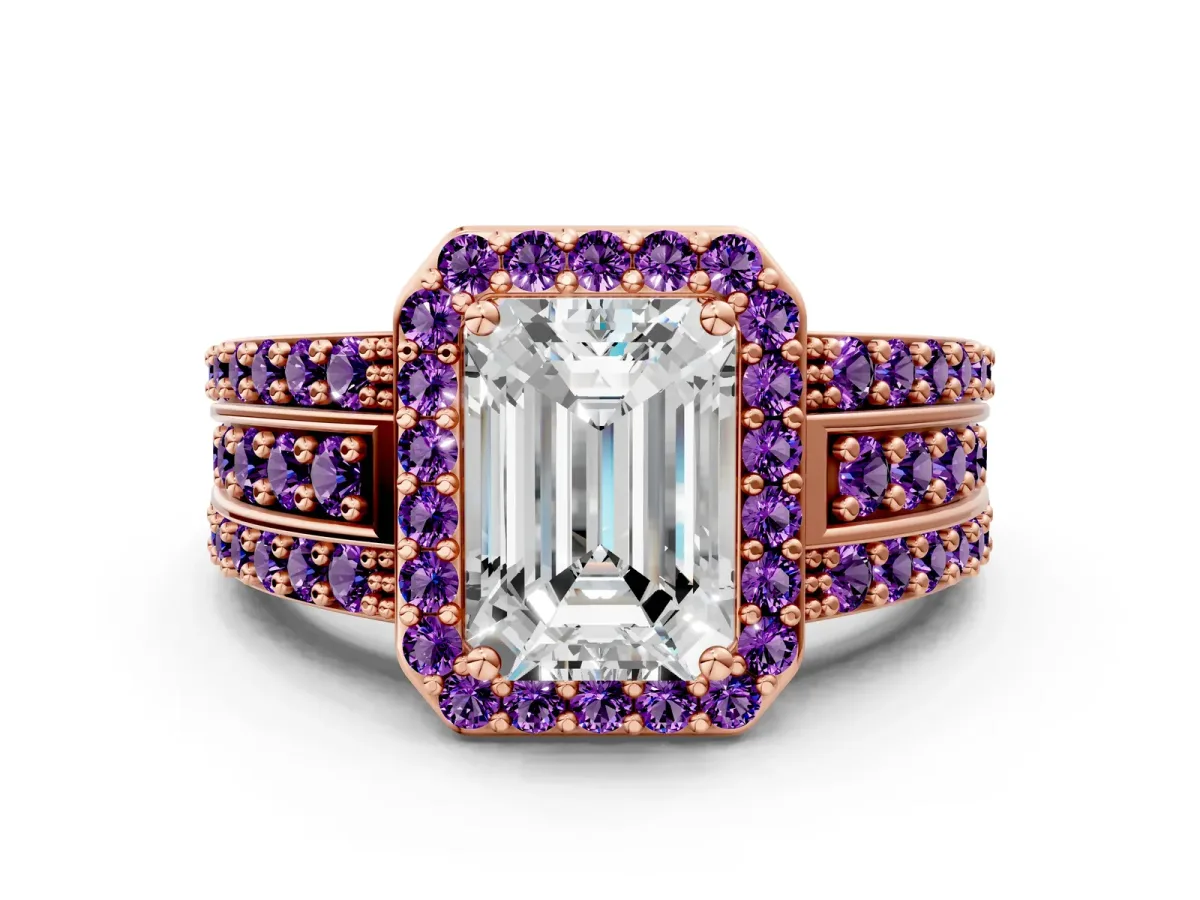 Emerald Cut Halo Diamond Ring with Round Amethyst Split Shank and Prong Setting Rose gold