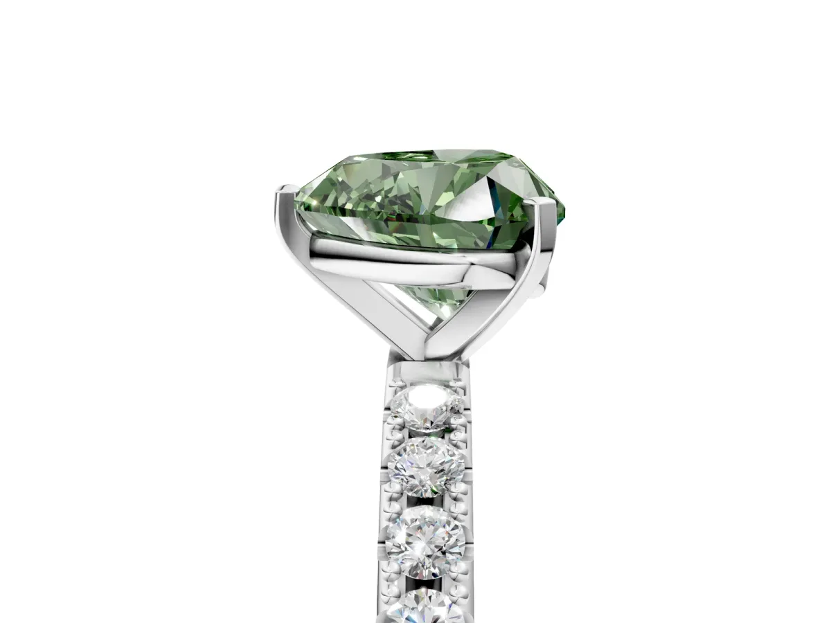 Fancy Green Heart Cut Diamond Solitaire Pavé Band with Four-Prong Setting Silver