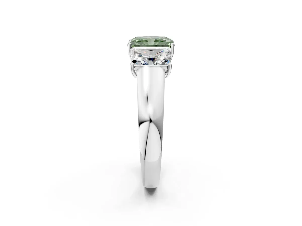 Fancy Green Three-Stone Radiant Cut Cut Diamond Ring with Prong Setting and Classic Band Platinum