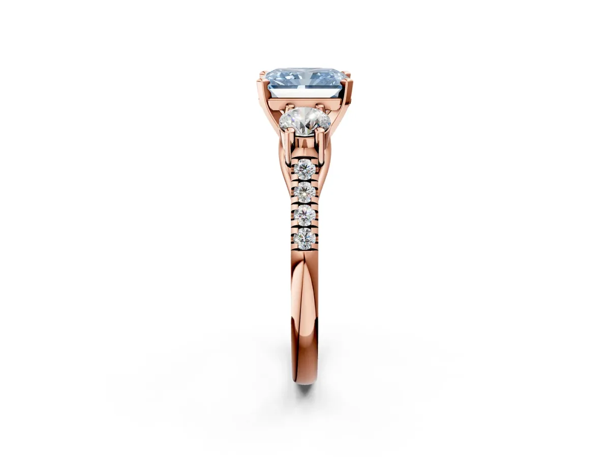 Fancy Blue Three-Stone Radiant Cut Diamond Pavé Band with Four-Prong Setting Rose gold