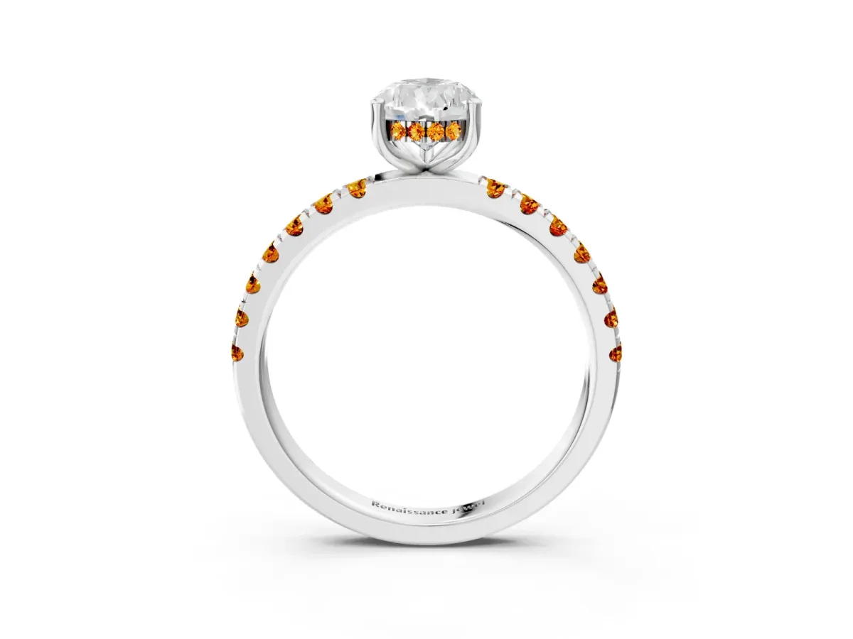 Pear Cut Diamond Pave Band Solitaire Ring with Round Citrine and Prong Setting White gold