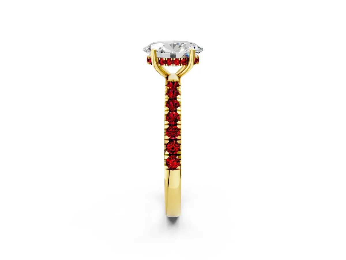 Oval Cut Diamond Pave Band Solitaire Ring with Round Ruby and Prong Setting Yellow gold