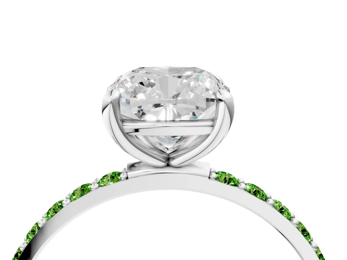 Cushion Cut Diamond Solitaire Ring with Round Peridot Pavé Band and Prong Setting Silver