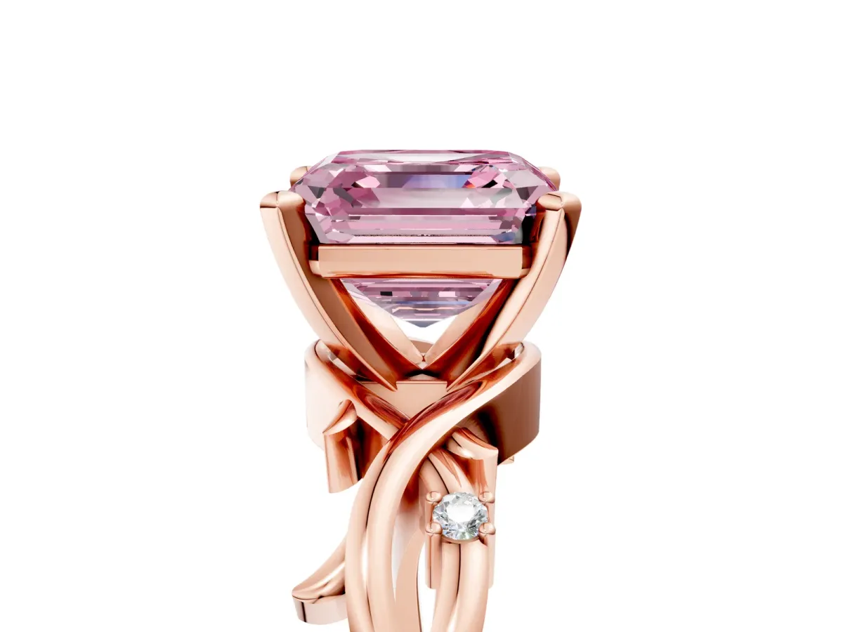 Fancy Pink Asscher Cut Diamond Solitaire Ring with Twisted Band and Prong Setting Rose gold