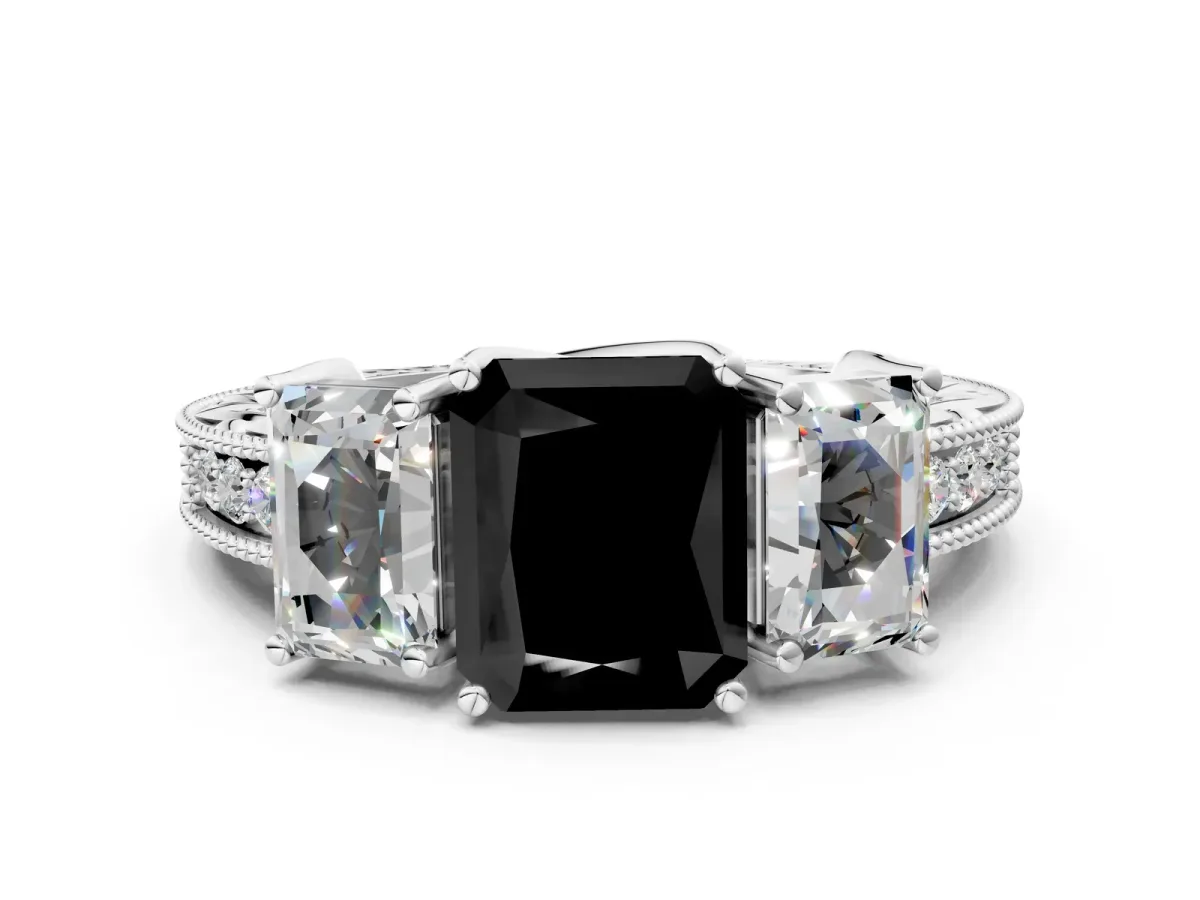 Fancy Black Three-Stone Radiant Cut Cut Milgrain Pavé Engagement Ring Platinum
