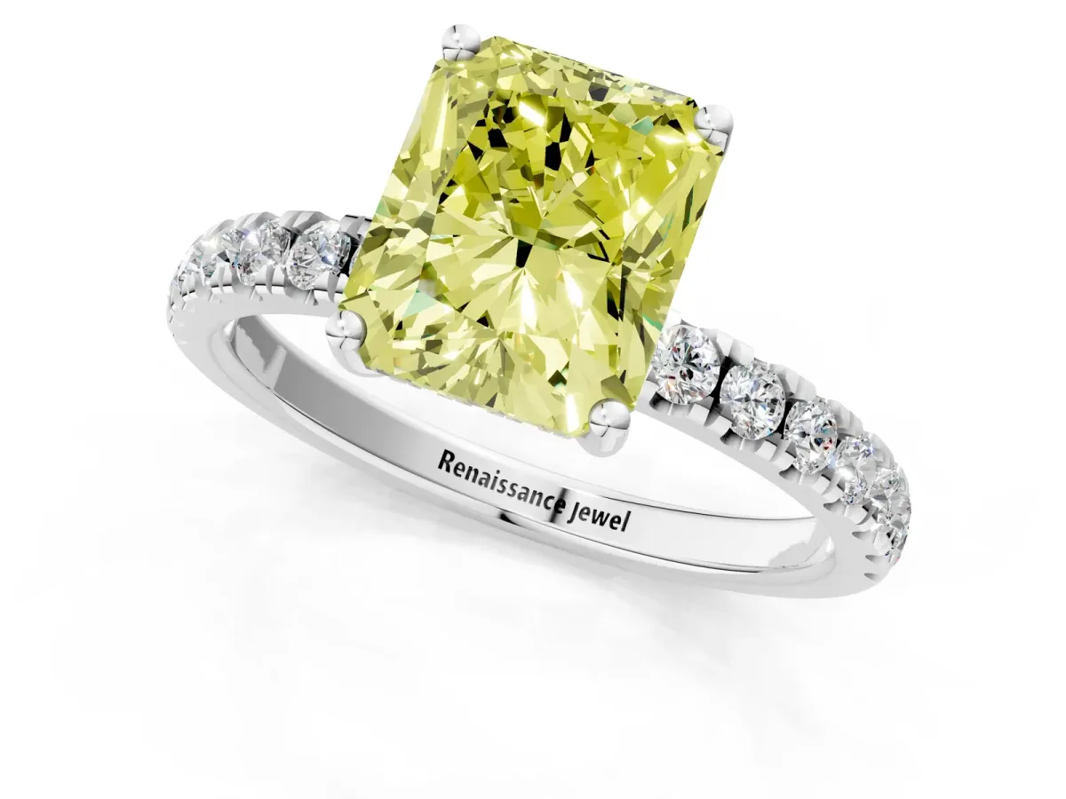 Fancy Yellow Radiant Cut Diamond Pave Band Solitaire Ring with Round and Prong Setting Silver